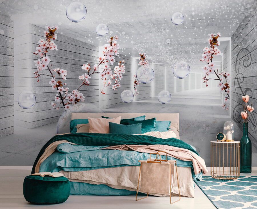 Weißes Zimmer mit Blumen und Seifenblasen