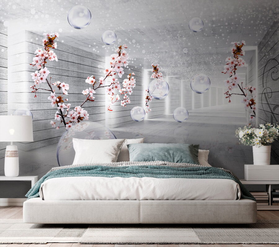 Weißes Zimmer mit Blumen und Seifenblasen