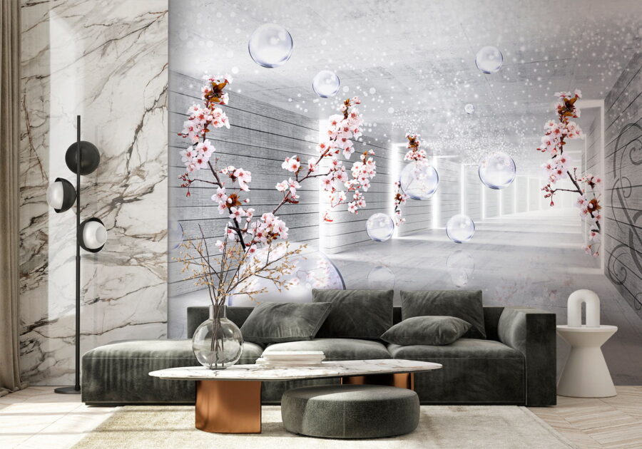Weißes Zimmer mit Blumen und Seifenblasen