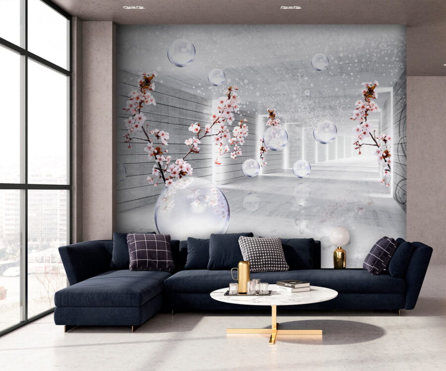 Weißes Zimmer mit Blumen und Seifenblasen