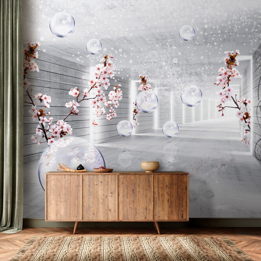 Weißes Zimmer mit Blumen und Seifenblasen
