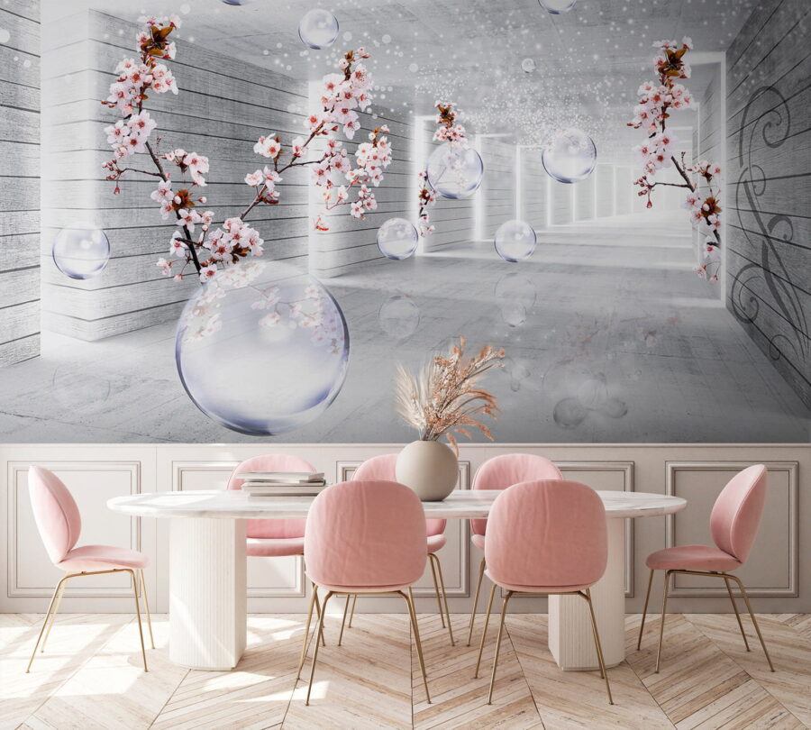 Weißes Zimmer mit Blumen und Seifenblasen