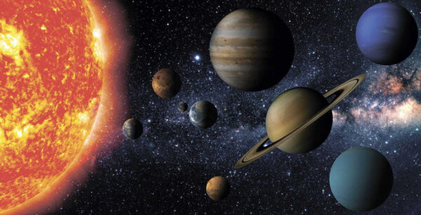 Planeten im Weltraum mit Sternen und einem hellen Stern Planeten im Weltraum mit Sternen und einem hellen Stern