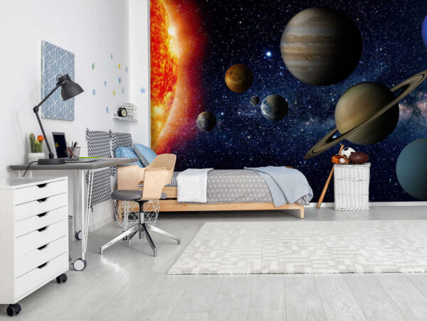 Planeten im Weltraum mit Sternen und einem hellen Stern Planeten im Weltraum mit Sternen und einem hellen Stern