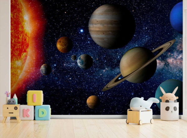 Planeten im Weltraum mit Sternen und einem hellen Stern Planeten im Weltraum mit Sternen und einem hellen Stern