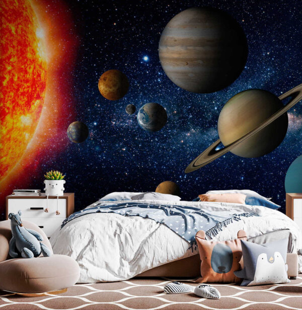 Planeten im Weltraum mit Sternen und einem hellen Stern Planeten im Weltraum mit Sternen und einem hellen Stern