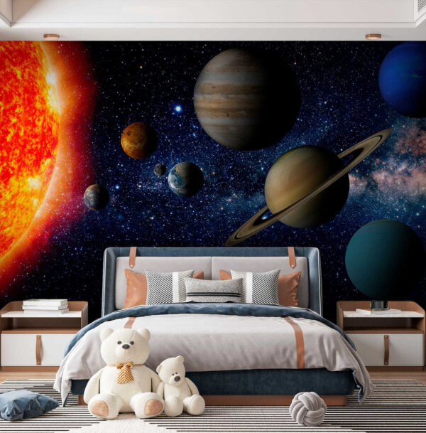 Planeten im Weltraum mit Sternen und einem hellen Stern Planeten im Weltraum mit Sternen und einem hellen Stern