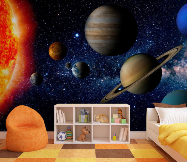 Planeten im Weltraum mit Sternen und einem hellen Stern Planeten im Weltraum mit Sternen und einem hellen Stern