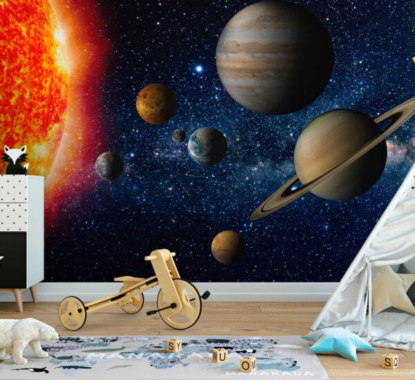 Planeten im Weltraum mit Sternen und einem hellen Stern Planeten im Weltraum mit Sternen und einem hellen Stern