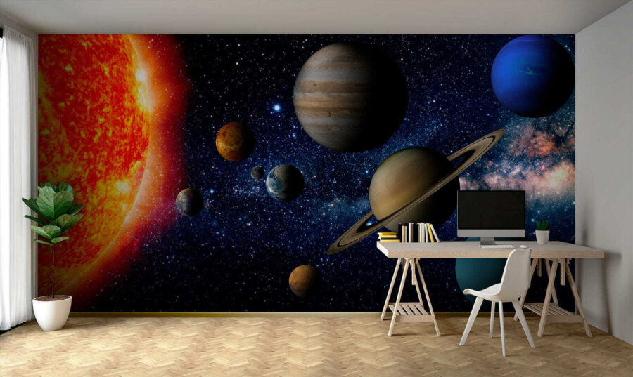 Planeten im Weltraum mit Sternen und einem hellen Stern