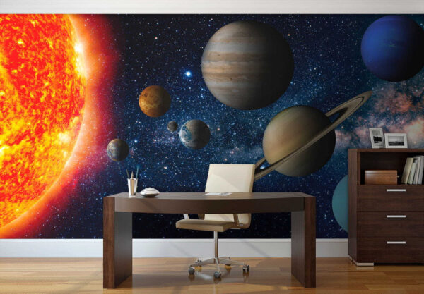 Planeten im Weltraum mit Sternen und einem hellen Stern Planeten im Weltraum mit Sternen und einem hellen Stern