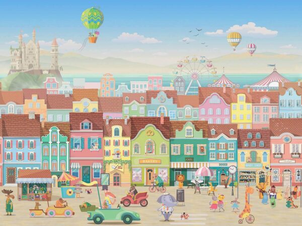 Cartoon-Stadt mit vielen Gebäuden und einem Riesenrad Cartoon-Stadt mit vielen Gebäuden und einem Riesenrad