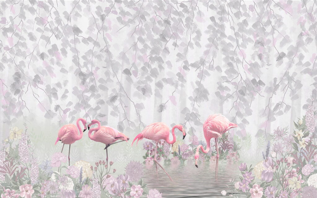 Gruppe von rosa Flamingos in einem Teich mit Blumen Gruppe von rosa Flamingos in einem Teich mit Blumen