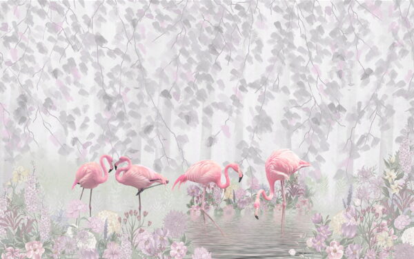 Gruppe von rosa Flamingos in einem Teich mit Blumen Gruppe von rosa Flamingos in einem Teich mit Blumen