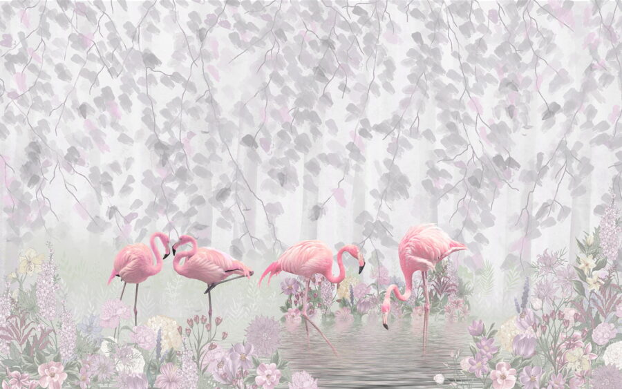 Gruppe von rosa Flamingos in einem Teich mit Blumen