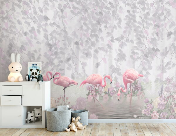 Gruppe von rosa Flamingos in einem Teich mit Blumen Gruppe von rosa Flamingos in einem Teich mit Blumen