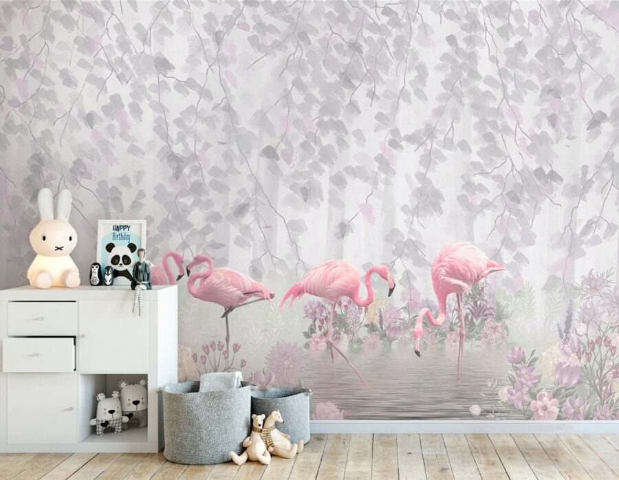 Gruppe von rosa Flamingos in einem Teich mit Blumen