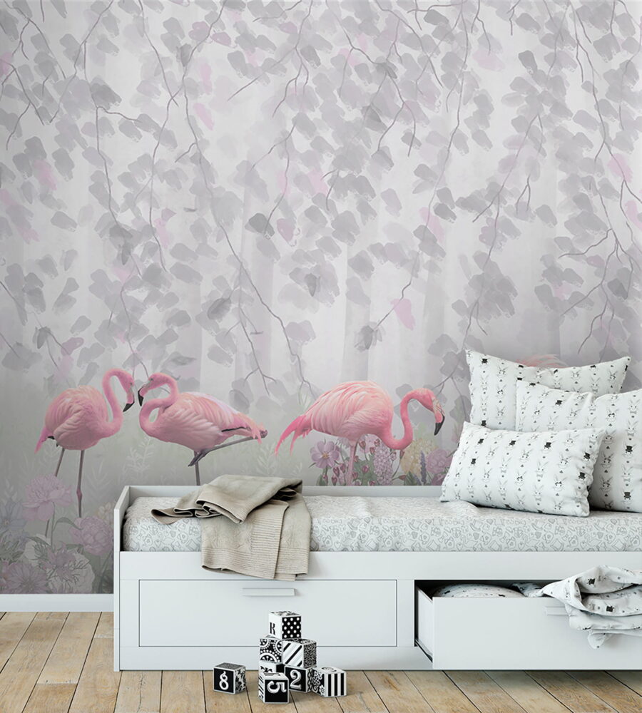Gruppe von rosa Flamingos in einem Teich mit Blumen