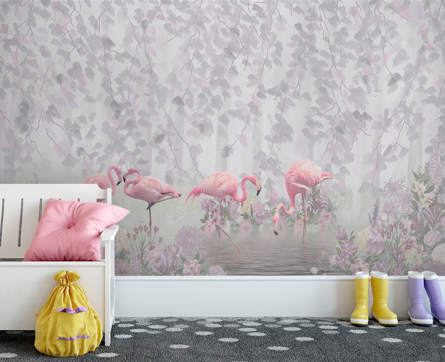 Gruppe von rosa Flamingos in einem Teich mit Blumen