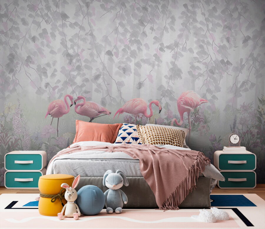 Gruppe von rosa Flamingos in einem Teich mit Blumen