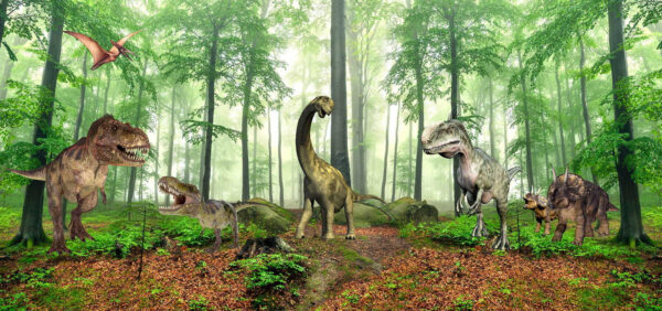 Gruppe von Dinosauriern in einem Wald Gruppe von Dinosauriern in einem Wald