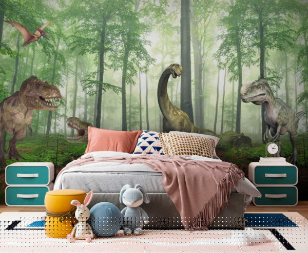 Gruppe von Dinosauriern in einem Wald Gruppe von Dinosauriern in einem Wald
