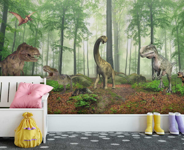 Gruppe von Dinosauriern in einem Wald Gruppe von Dinosauriern in einem Wald