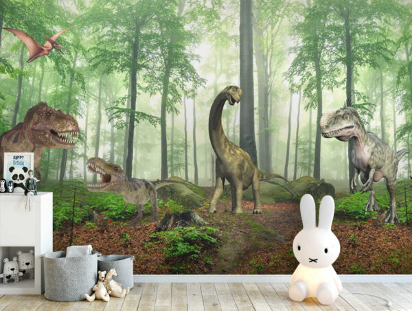 Gruppe von Dinosauriern in einem Wald Gruppe von Dinosauriern in einem Wald