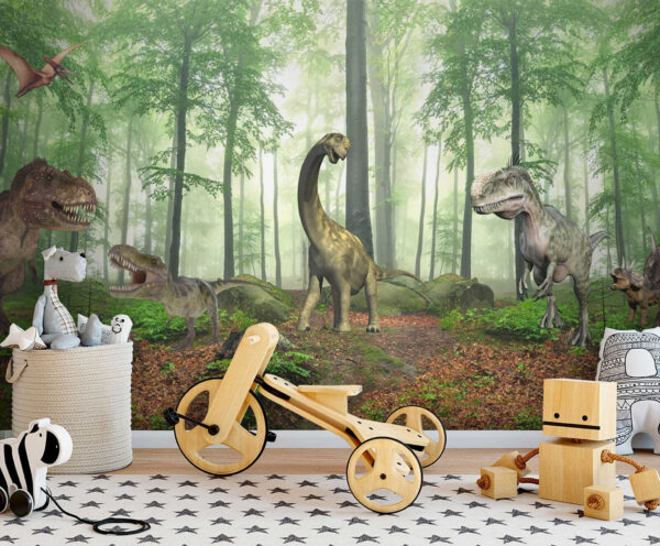 Gruppe von Dinosauriern in einem Wald Gruppe von Dinosauriern in einem Wald