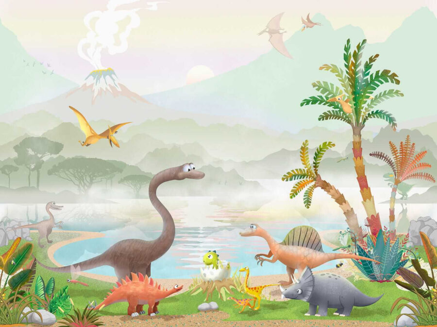 Gruppe von Dinosauriern in der Nähe eines Sees