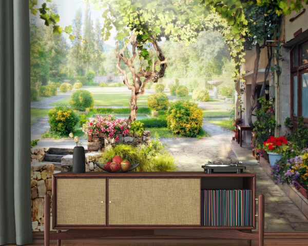Steinweg mit einem Baum und Blumen Steinweg mit einem Baum und Blumen