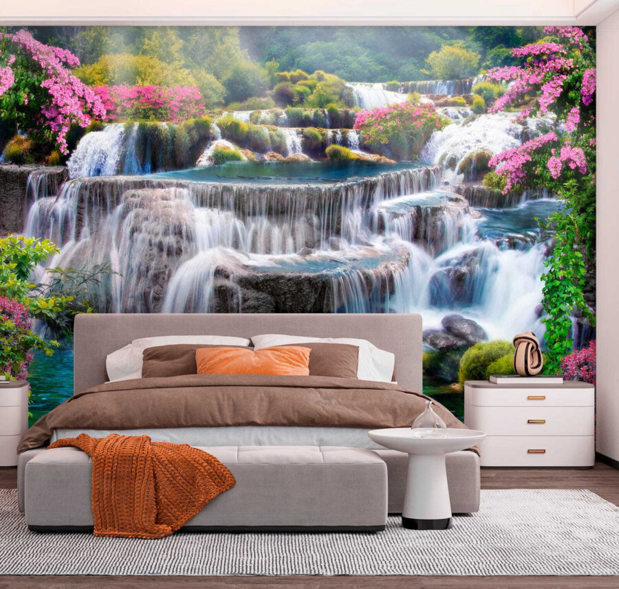 Wasserfall mit Blumen und Bäumen Wasserfall mit Blumen und Bäumen