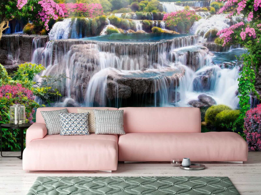 Wasserfall mit Blumen und Bäumen Wasserfall mit Blumen und Bäumen