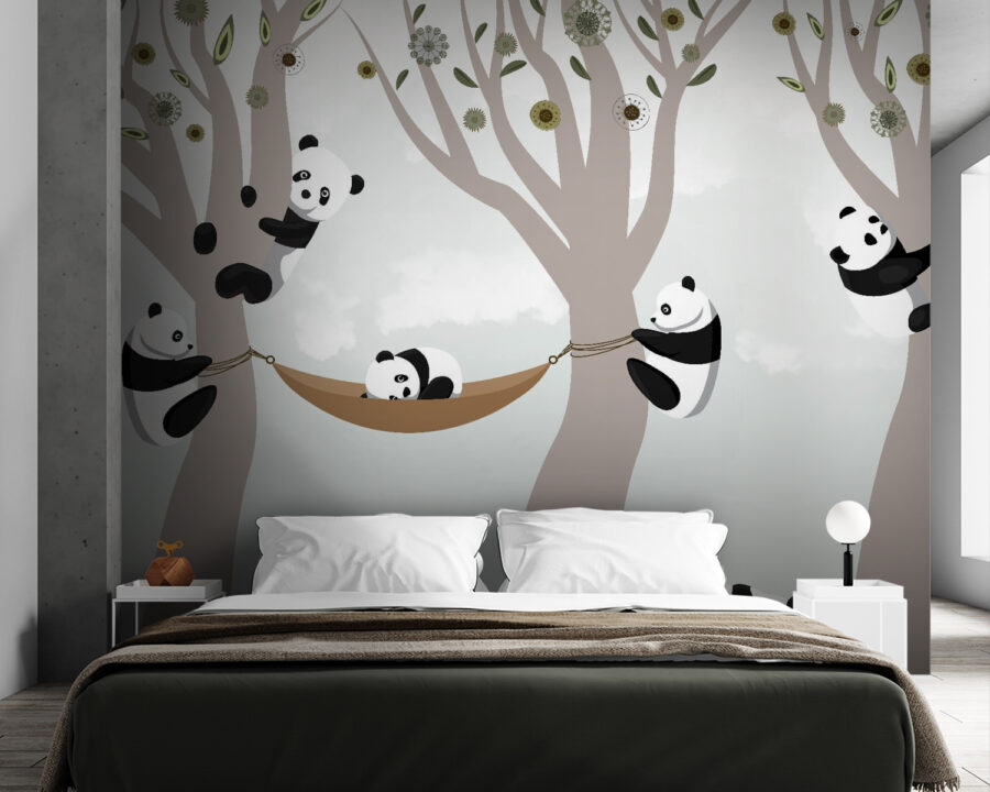 Eine Gruppe von Pandas in einer Hängematte