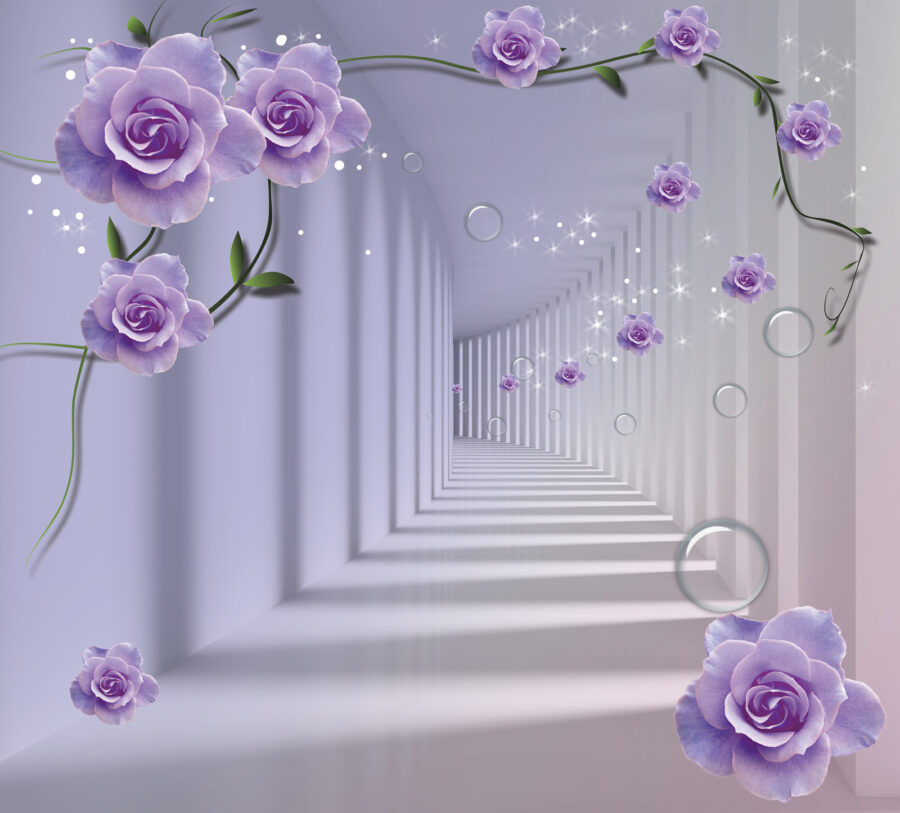 Tapete mit lila Rosen und einer Treppe