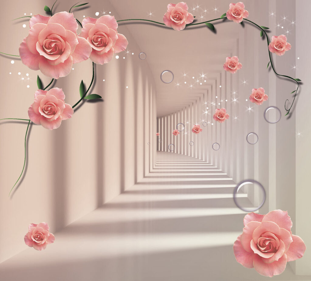 Tapete mit rosa Rosen und weißer Treppe Tapete mit rosa Rosen und weißer Treppe