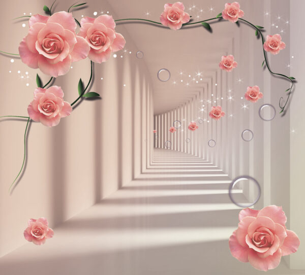 Tapete mit rosa Rosen und weißer Treppe Tapete mit rosa Rosen und weißer Treppe