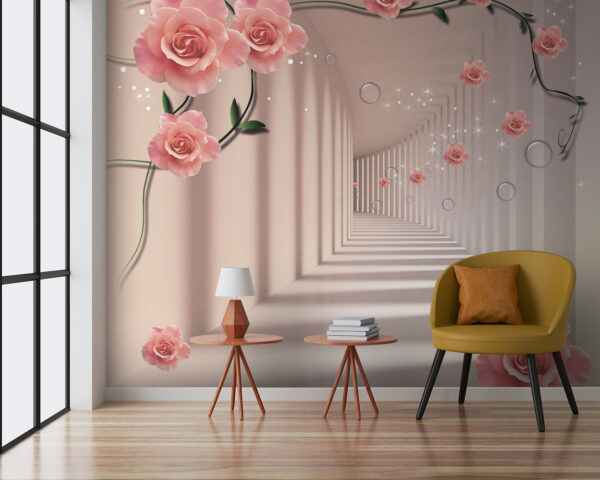 Tapete mit rosa Rosen und weißer Treppe Tapete mit rosa Rosen und weißer Treppe