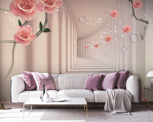 Tapete mit rosa Rosen und weißer Treppe Tapete mit rosa Rosen und weißer Treppe
