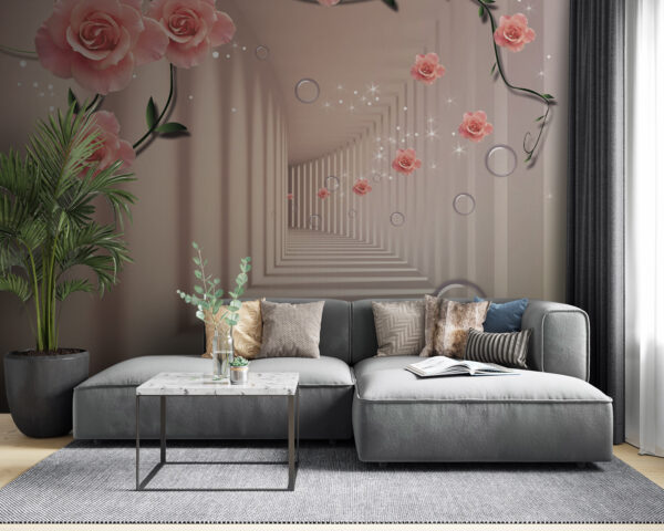 Tapete mit rosa Rosen und weißer Treppe Tapete mit rosa Rosen und weißer Treppe