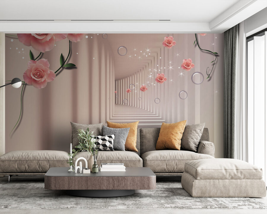 Tapete mit rosa Rosen und weißer Treppe