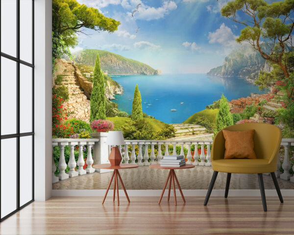 Balkon mit Blick auf einen See und Bäume Balkon mit Blick auf einen See und Bäume