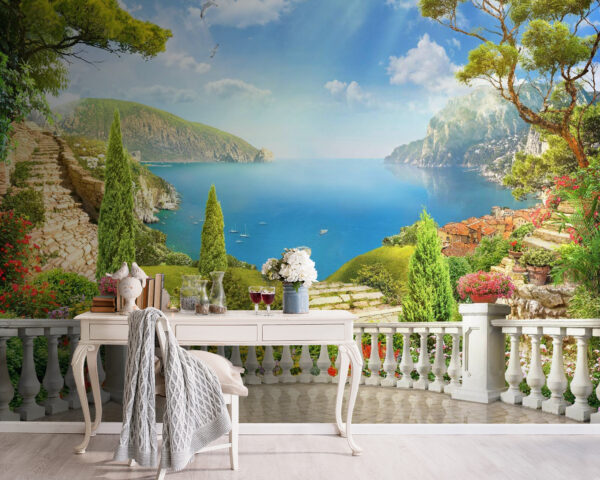Balkon mit Blick auf einen See und Bäume Balkon mit Blick auf einen See und Bäume