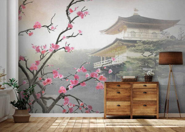 Baum mit rosa Blumen und einem Gebäude im Hintergrund Baum mit rosa Blumen und einem Gebäude im Hintergrund