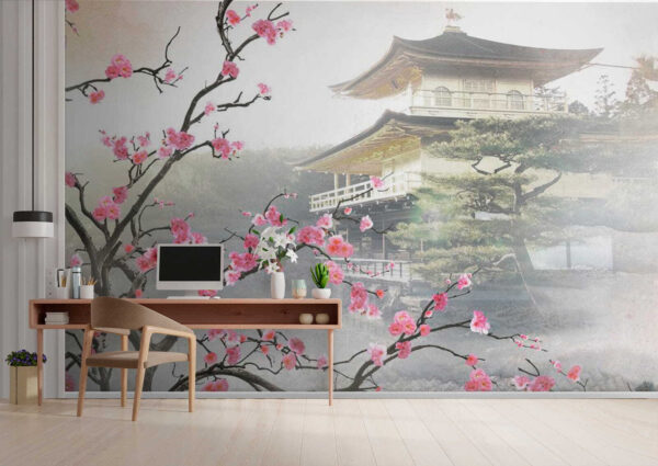 Baum mit rosa Blumen und einem Gebäude im Hintergrund Baum mit rosa Blumen und einem Gebäude im Hintergrund