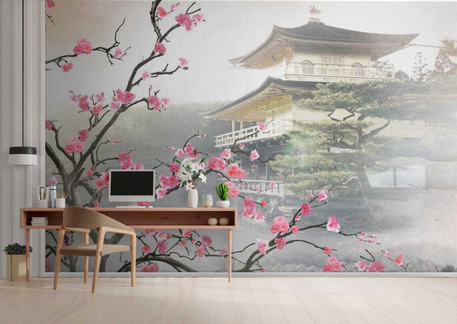 Baum mit rosa Blumen und einem Gebäude im Hintergrund Baum mit rosa Blumen und einem Gebäude im Hintergrund