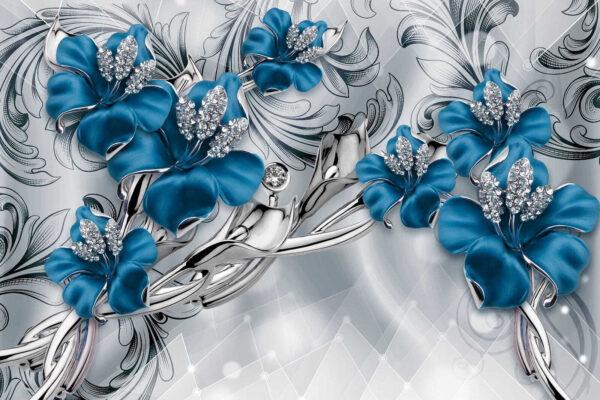 Silberne und blaue Blumen auf einem silbernen und schwarzen Hintergrund Silberne und blaue Blumen auf einem silbernen und schwarzen Hintergrund
