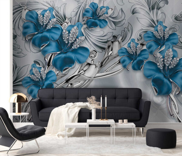 Silberne und blaue Blumen auf einem silbernen und schwarzen Hintergrund Silberne und blaue Blumen auf einem silbernen und schwarzen Hintergrund