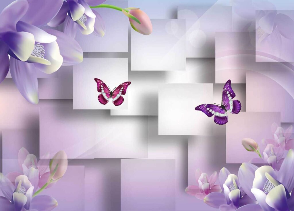 Lila und weiße Blumen und Schmetterlinge Lila und weiße Blumen und Schmetterlinge