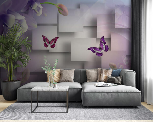 Lila und weiße Blumen und Schmetterlinge Lila und weiße Blumen und Schmetterlinge